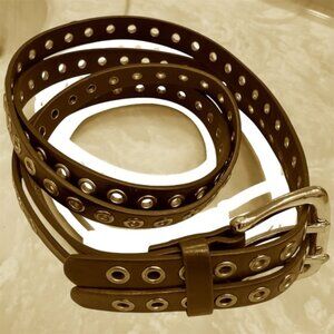 Brown double belt with gold hole details, gold buckle, Sz Small/38” total length